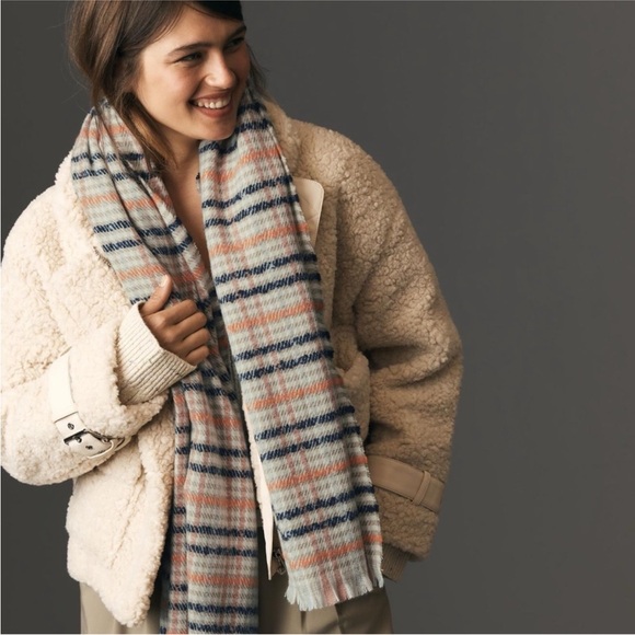NWOT Maeve by Anthropologie Cream Tan Navy Orange & Pink Plaid Blanket Scarf - Picture 1 of 10